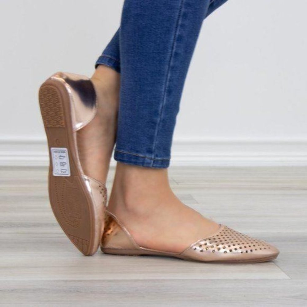 Pointed Toe Perforated Gold Rose Flats - Picture 7 of 7